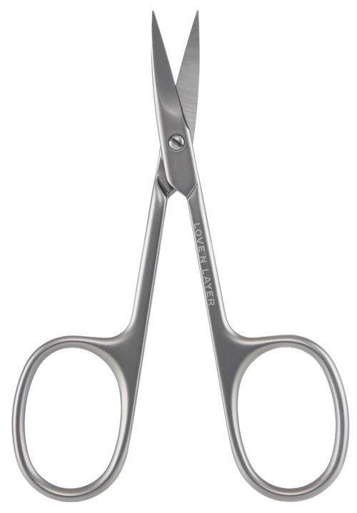 A pair of small medical scissors with curved blades and round handles, made of metal.