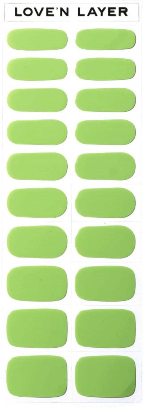 A sticker sheet with green love shapes in five rows and ten columns, titled 'LOVE'N LAYER'.