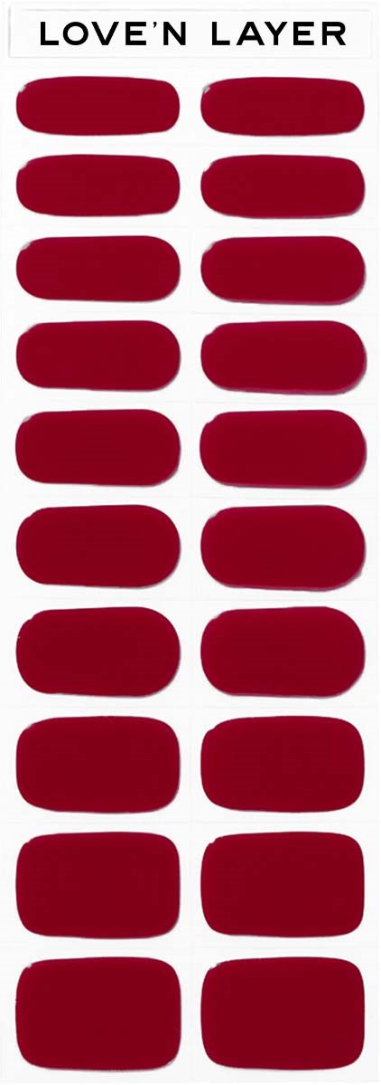  sticker sheet with multiple red nail polish color samples, labeled 'LOVE'N LAYER' at the top.