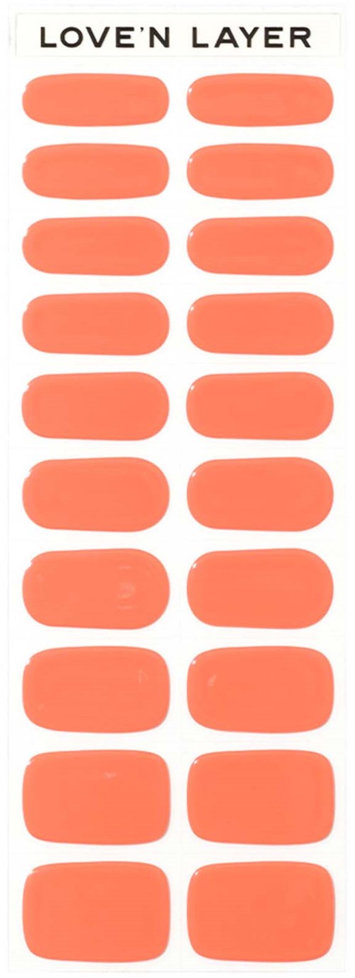 A strip of orange stickers labeled 'Love'n Layer' at the top, with rounded edges, arranged in two columns.
