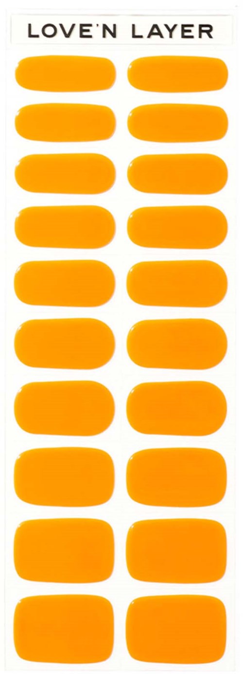 A sticker sheet with orange oval and rounded rectangular shapes arranged in two columns. Title: LOVE 'N LAYER.