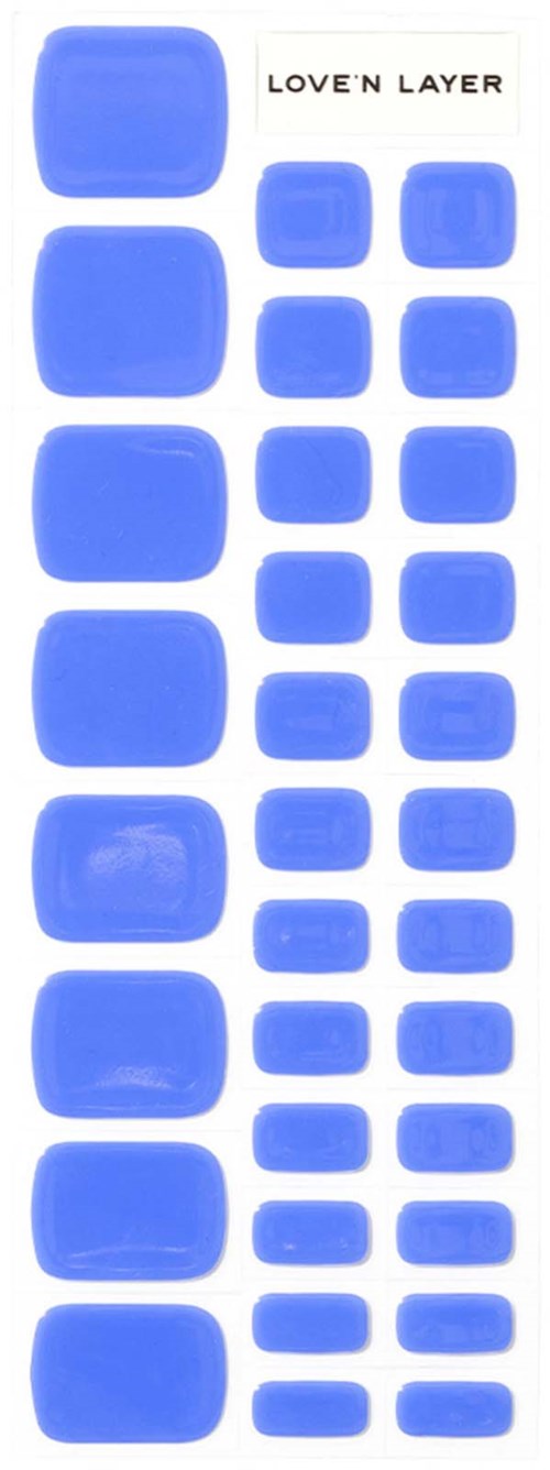 Blue smiley face stickers in various sizes, arranged in three columns, with text 'LOVE N LAYER' at the top.