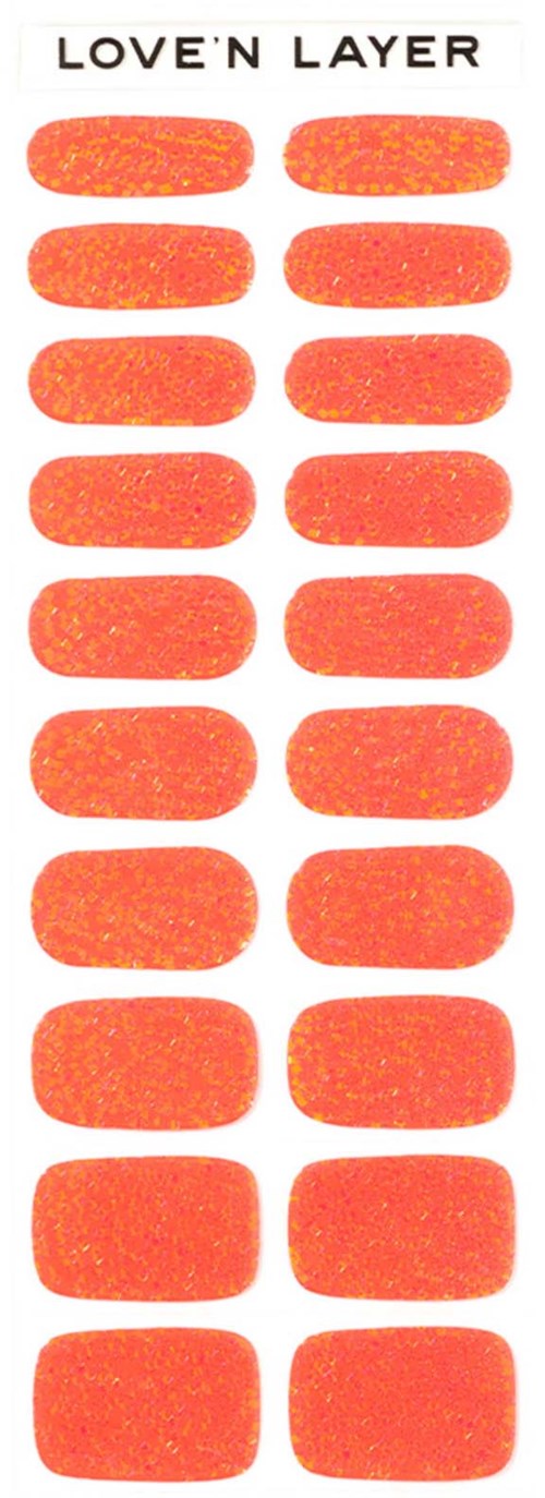 A sheet of orange and red adhesive bandages labeled 'Love’n Layer'. They are oval-shaped and arranged in two columns.