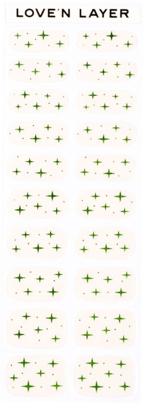 A sheet with many small green star patterns and the text "LOVE'N LAYER" at the top.