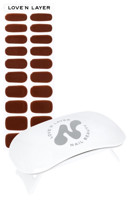 A nail color palette named 'Love'n Layer' with shades of brown, and a white nail care device with a logo.