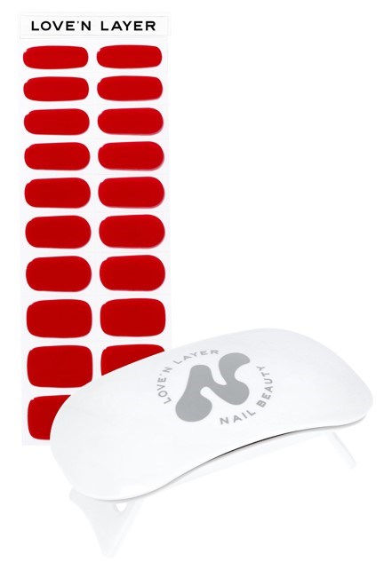 A set of red nail stickers called 'LOVE'N LAYER' and a white nail tool with a logo.