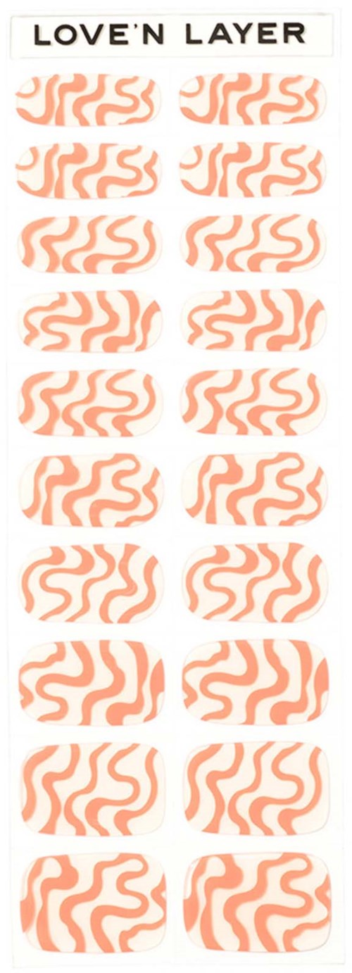 A vertical strip with repeating orange squiggly shapes and the words "LOVE'N LAYER" at top.