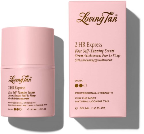 Roze fles en doos voor Loving Tan zelfbruinenserum. Donkere kleur, 30 ml, professionele kracht voor een natuurlijke bruine teint.