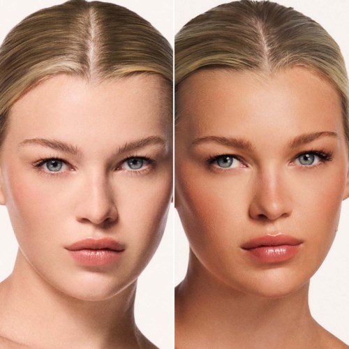 Zijkantenfoto's van een vrouw haar gezicht voor en na make-up, met verschillen in huidtint en oog make-up.