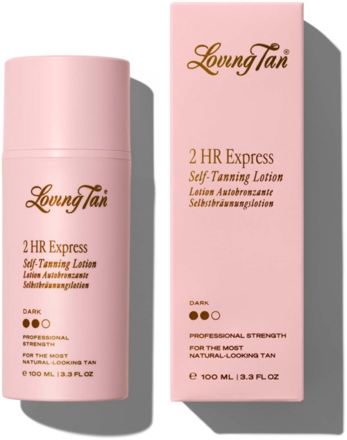 Roze fles en doos voor Loving Tan zelfbruiningslotion. Het label zegt 2 HR Express, donker tint, professionele kracht.