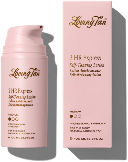 Roze fles en doos voor LovingTan zelfbruiningsmelk, medium tint, 100ml, professionele kracht.