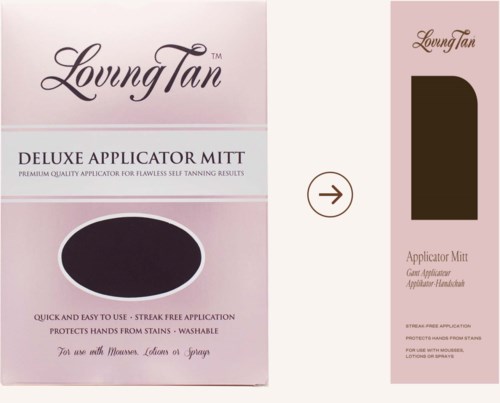 Loving Tan logo, productnaam, applicator handschoen, eenvoudig ontwerp, lichtroze en donkerbruine kleuren, bevordert gemakkelijk gebruik.