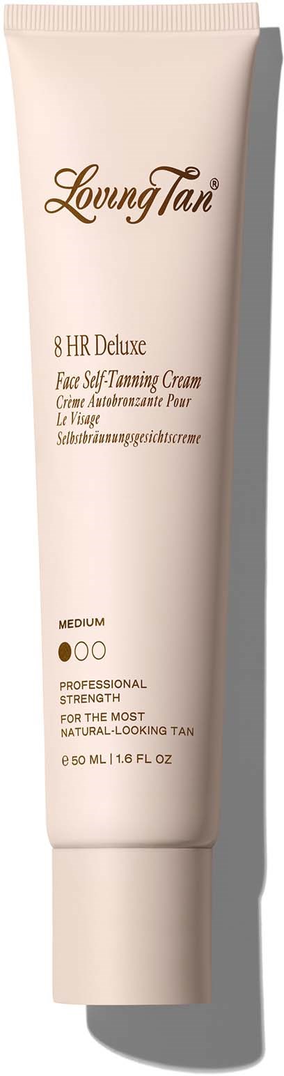 Een beige tube Lounaton 8 HR Deluxe Face Self-Tanning Cream met medium tint. Tekst beschrijft productdetails.
