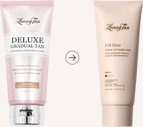Twee Loving Tan-lotions, één roze en één beige, worden getoond met een pijl van links naar rechts.