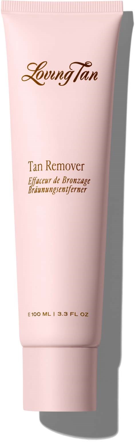 Een roze tube met 'Loving Tan' en tekst over bruinverwijdering, inhoud 100ml, 3,3 fl oz, op een witte achtergrond.