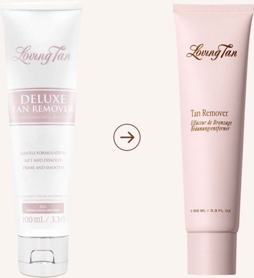 Twee tubes bruiningsproducten, een met 'Deluxe Tan Remover' en de andere met 'Tan Remover,' suggereren verwijdering of aanbreng van zelfbruin.