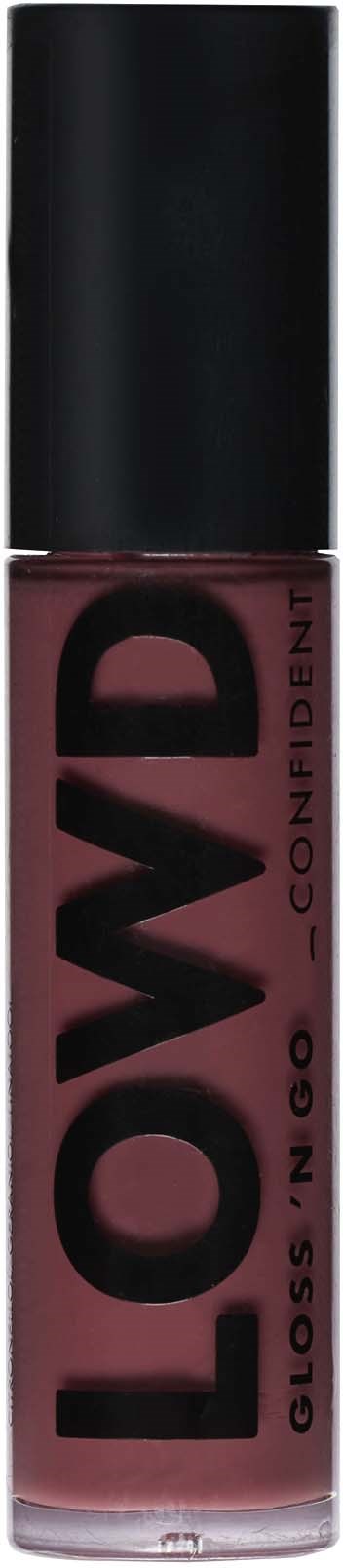 Een lipgloss tube met zwarte dop, gelabeld 'LOWD GLOSS INGO - CONFIDENT' in dikke letters.