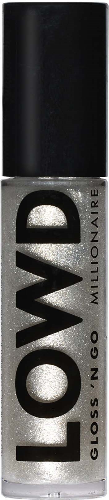 Een zilverkleurige glitter lipgloss tube met een zwart deksel, gemarkeerd "LOUD Gloss.NGO Millionaire."