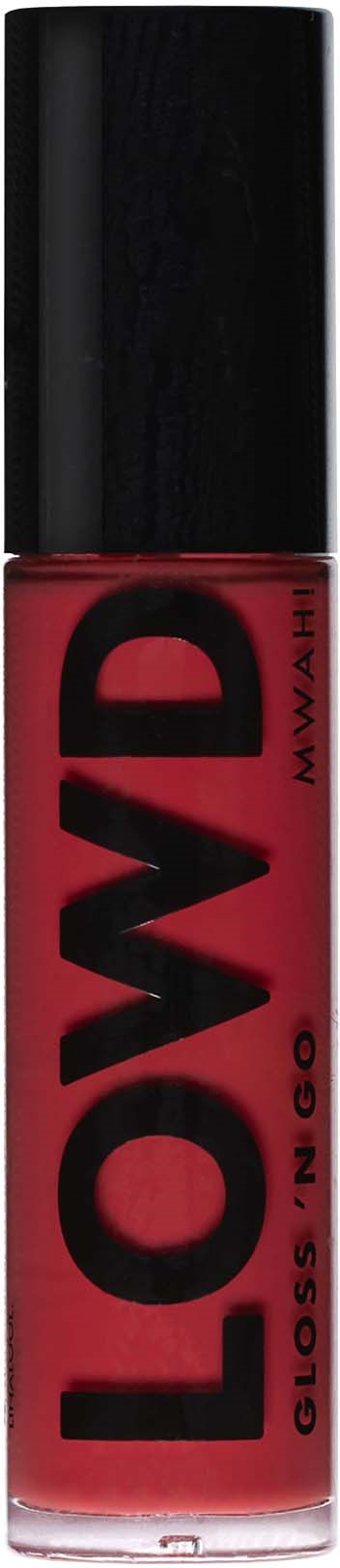 Een rood lipgloss flesje met zwarte dop, gelabeld "LOW" en "GLOSSING".