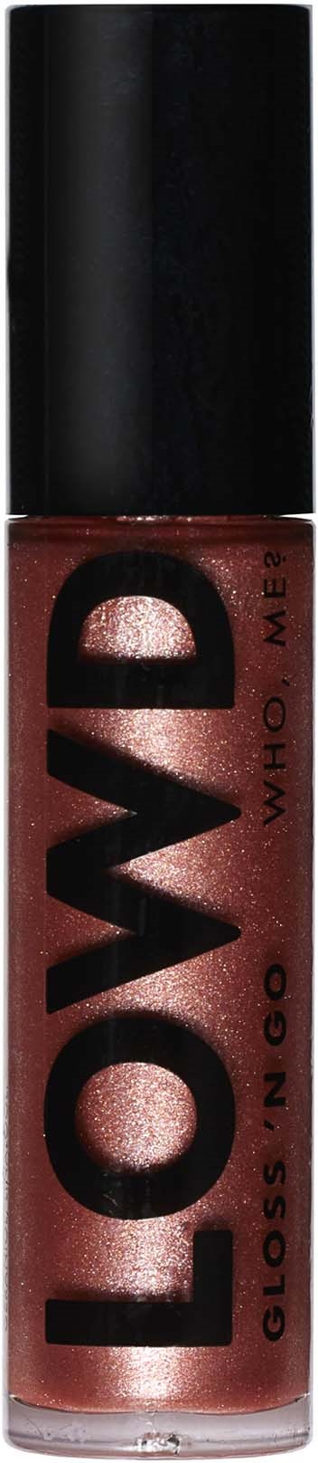 Lippenbalsem in een kleine fles, zwarte dop, en bruin-rood kleur met glanzende afwerking. Het heet 'LO!WOD'.