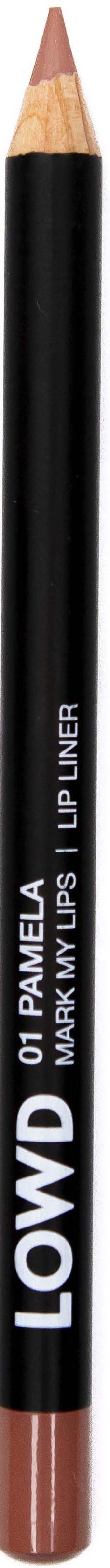 Een zwarte lippotlood met lichtbruine punt, gelabeld "LOWD 01 PAMELA".
