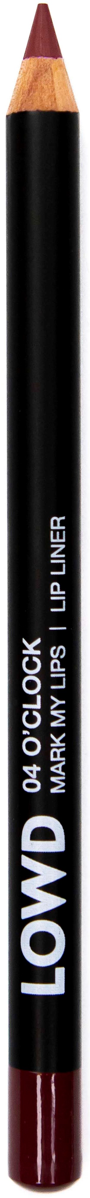 Lippenpotlood met zwarte body, gemarkeerd "LOOWD," met een bruine punt en rode onderkant.