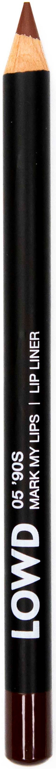 Een potlood met zwarte en rode body en de woorden "LOWD MARKS LIP LINER" erop.