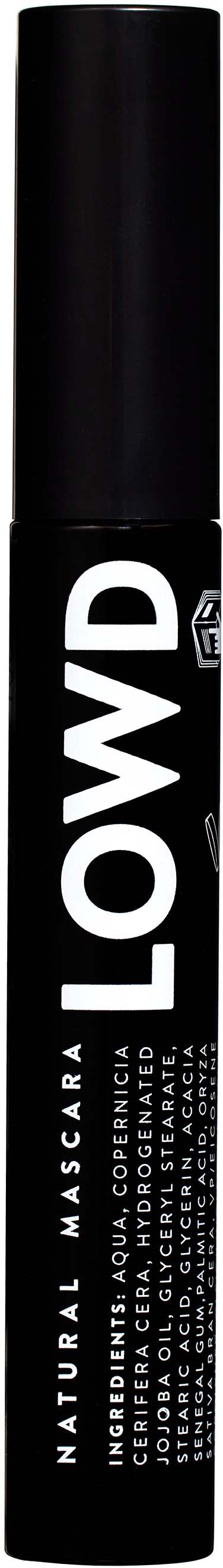 Een zwarte cilindervormige container met een wit label met "LOWD" en wat tekst over natuurlijke mascara.