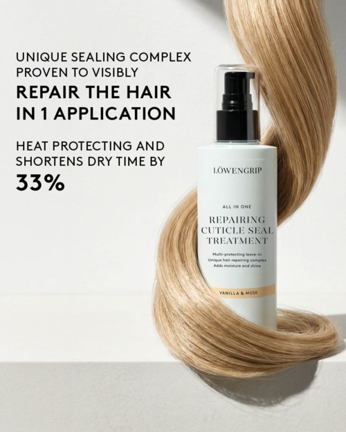 Löwengrip repair hair serum in a white bottle with a black pump, showing long, shiny, blonde hair.