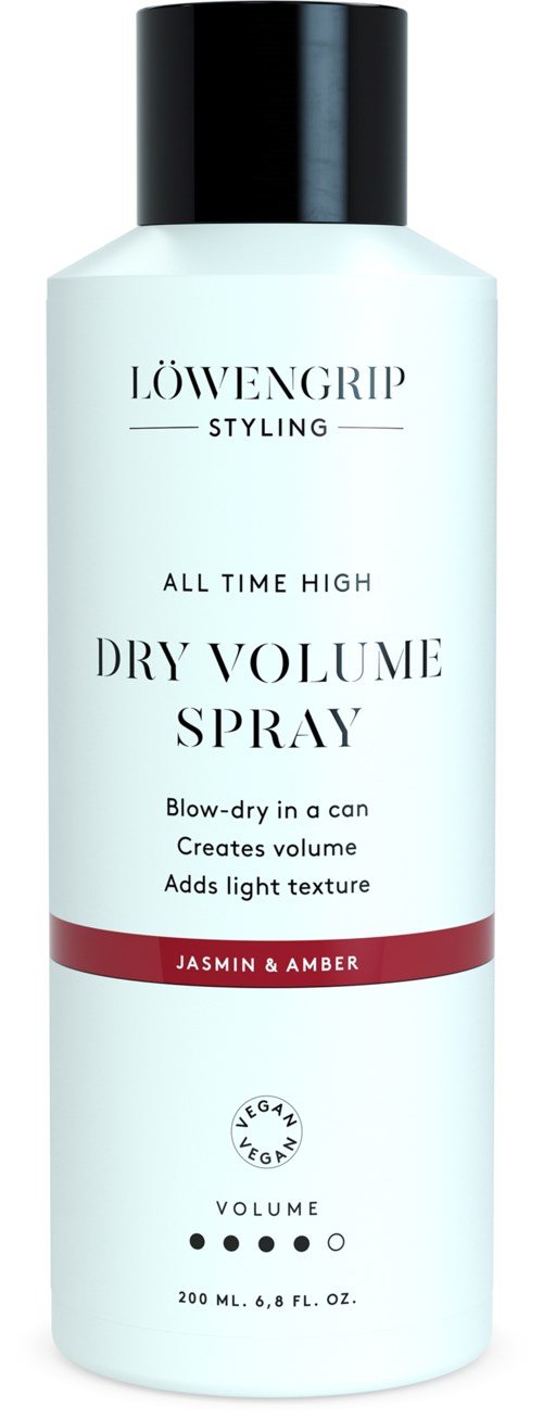 Eine weiße Flasche mit Trockenvolumen-Spray und schwarzem Verschluss, Markierung Löwengrip und Duft Jasmin & Amber.