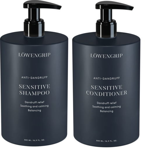 Zwei dunkle Flaschen Löwengrip Haarprodukte: Shampoo und Conditioner, beide für empfindliche Kopfhaut, beruhigend und beruhigend.