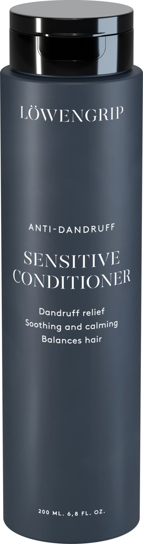 Eine lange, dunkelblaue Flasche mit Löwengrip Sensitive Conditioner gegen Schuppen und für beruhigendes Haar.