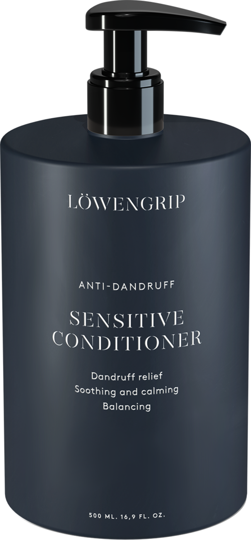 Eine schwarze Flasche mit Pumpkopf, beschriftet Löwengrip Anti-Dandruff Sensitive Conditioner, für Kopfhautberuhigung und -linderung.