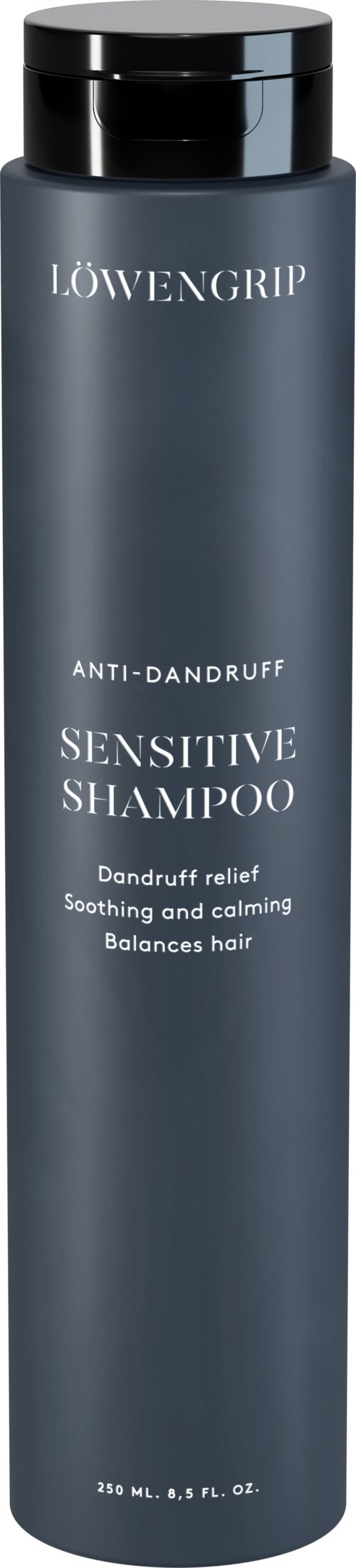 Eine lange, dunkelblaue Flasche mit Löwengrip Sensitive Shampoo gegen Schuppen, beruhigend und entspannend. 250 ml.