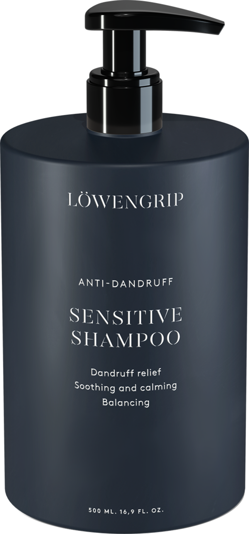 Dunkelgraue Flasche mit Pumpe, Beschriftung 'LÖWENGRIP Sensitive Shampoo' zur Schuppenlinderung und Beruhigung der Kopfhaut.
