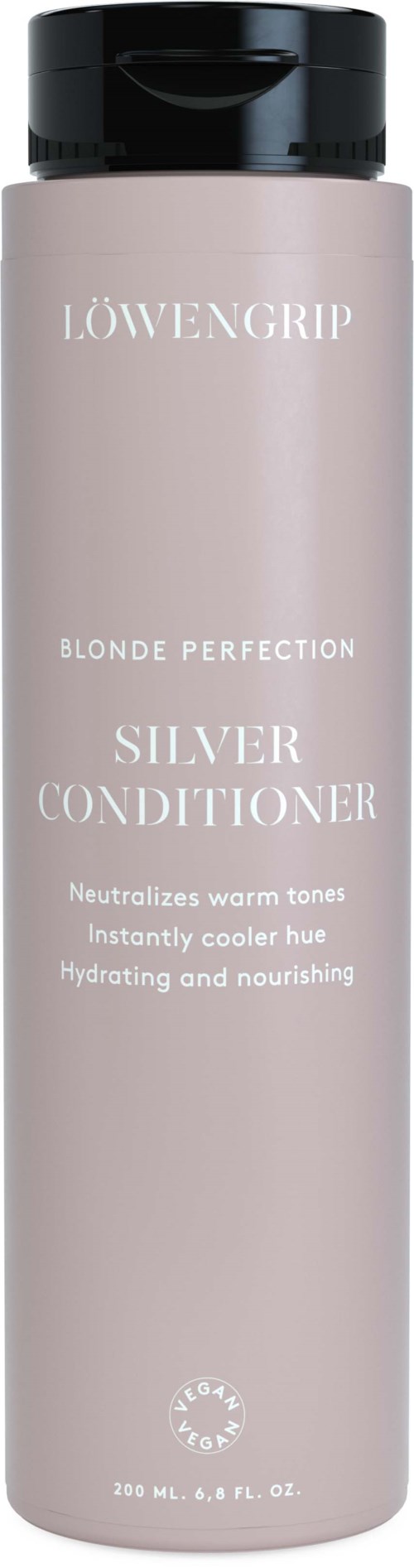 Eine lange, silberne Flasche mit schwarzem Deckel, beschriftet 'Lowengrip Silver Conditioner' für Haarpflege.