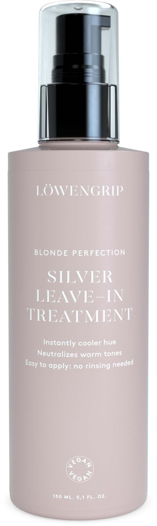 En lång, rosaaktig flaska med svart pump märkt Lowengrip Silver Leave-In Treatment. Den är avsedd för hårvård.