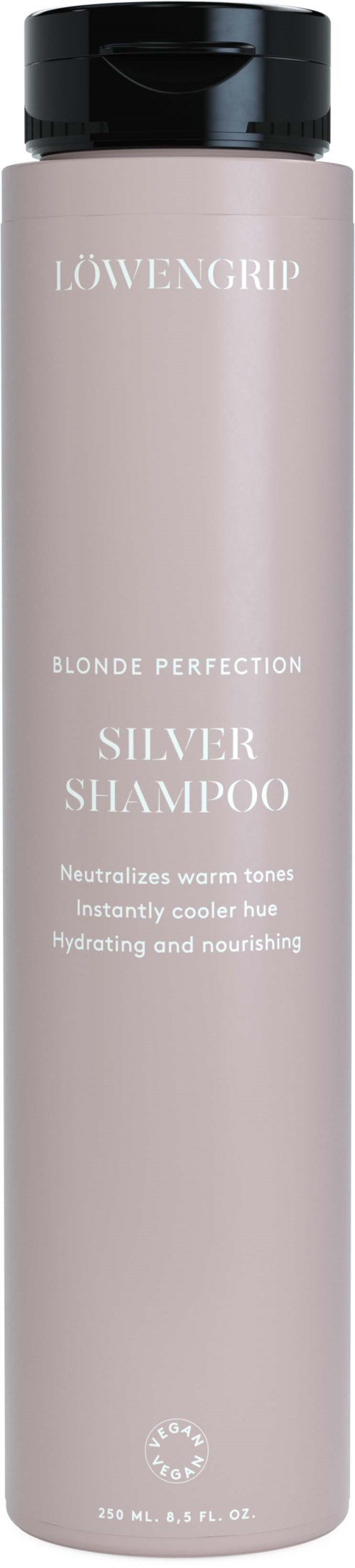 Eine lange, hellrosa Flasche mit der Aufschrift Silver Shampoo, um blondes Haar zu kühlen und zu hydratisieren.