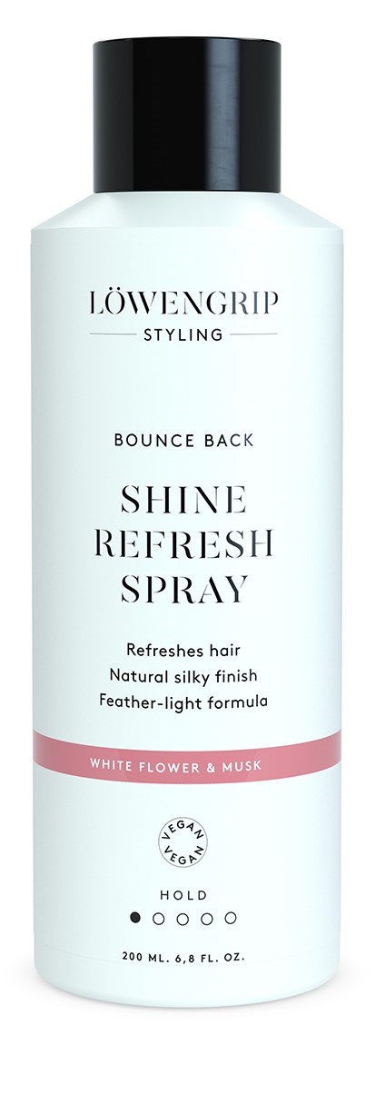 Eine weiße Sprühflasche mit schwarzem Deckel, gekennzeichnet als Glanz-Refresh-Spray für Haare, mit rosa Streifen und Blumenmotiven.