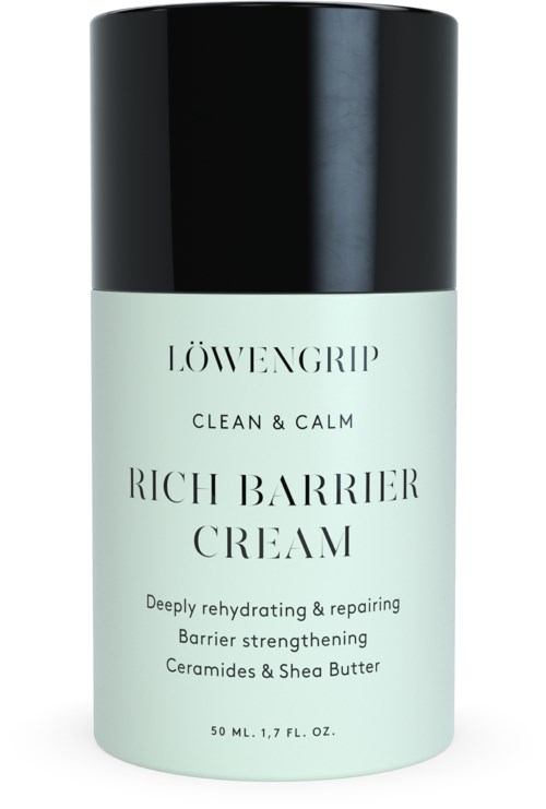 Eine Flasche LÖWENGRIP Rich Barrier Cream mit schwarzem Deckel und hellgrünem Etikett.