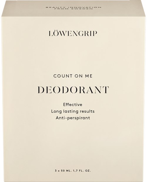 Eine weiße Box mit schwarzem Text, der ein Deodorant namens 'Count on Me' von Löwengrip bewirbt. Es soll wirksam und langanhaltend sein.