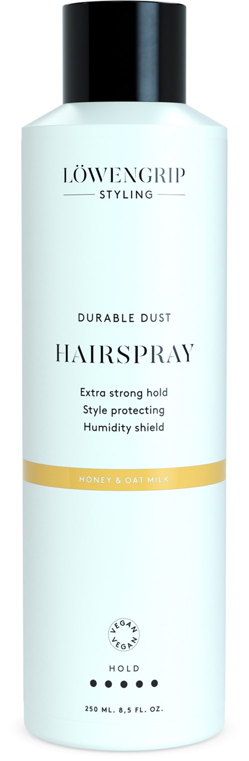 Löwengrip Styling Haarspray Flasche, weiß mit schwarzem Deckel, für starken Halt, Feuchtigkeitsschutz, 250 ml.