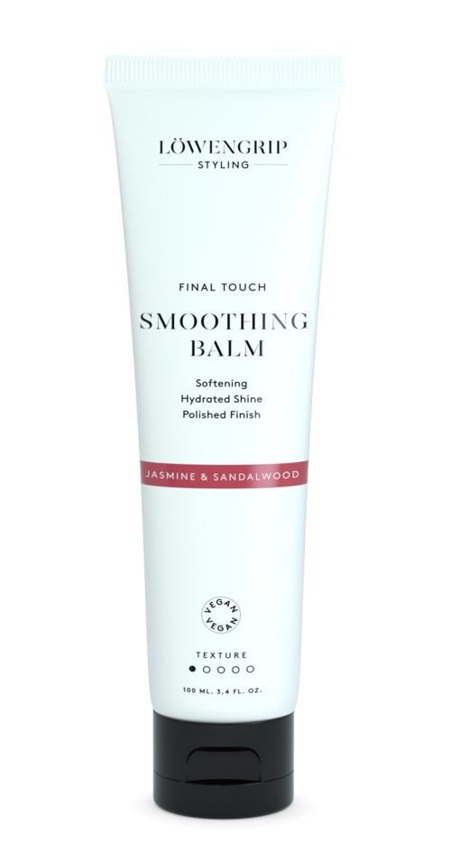 A white tube labeled 'Smoothing Balm' with a black cap, features a red stripe and mentions jasmine and sandalwood scent.