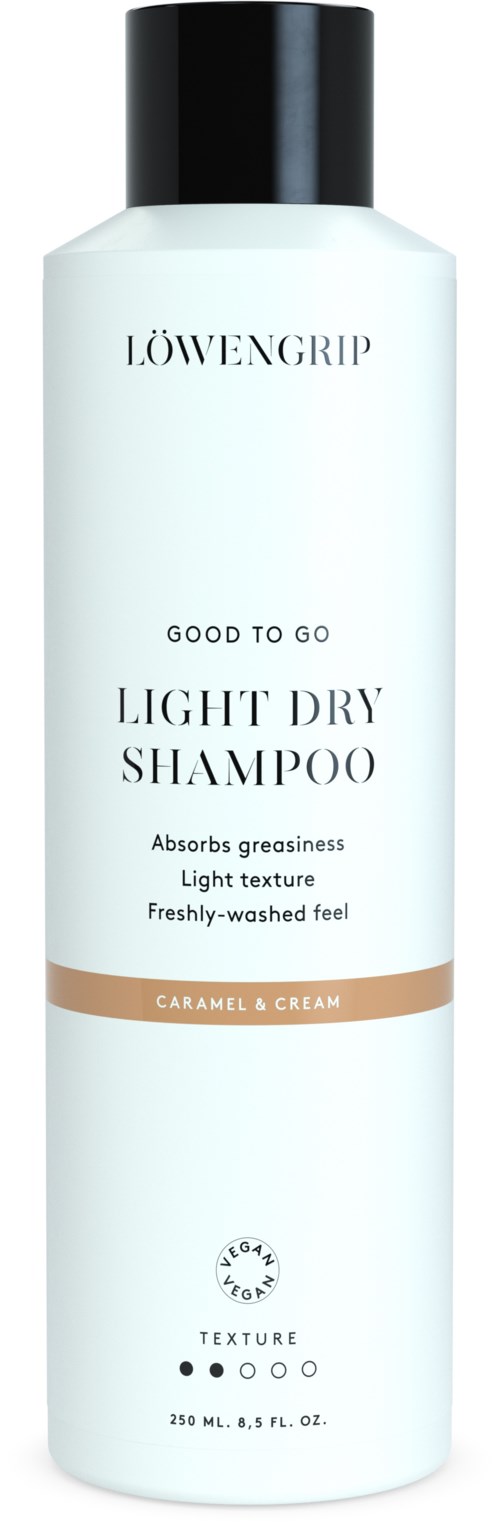 Löwengrip Light Dry Shampoo mit Karamell- und Cremeduft, 250 ml Flasche, absorbiert Fett, leichte Textur.