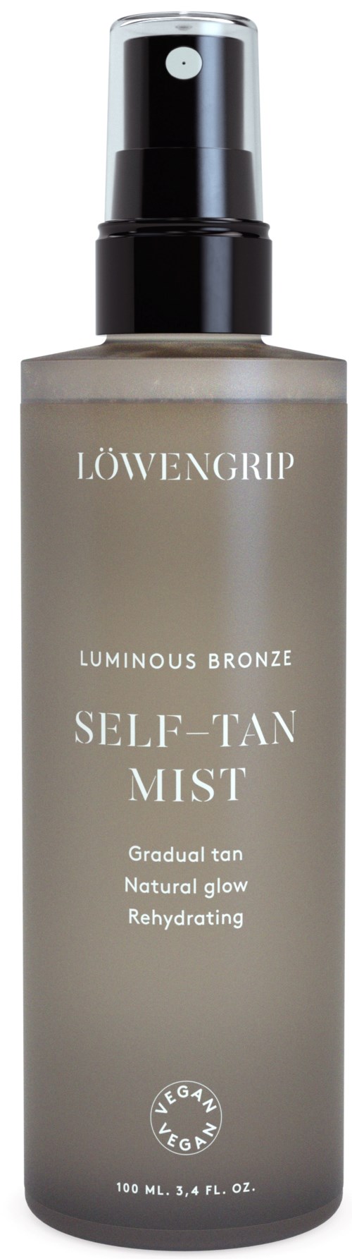 Ein Sprühflasche mit der Aufschrift LÖWENGRIP LUMINOUS BRONZE Self-Tan Mist, für allmähliches Bräunen und Hydratation.