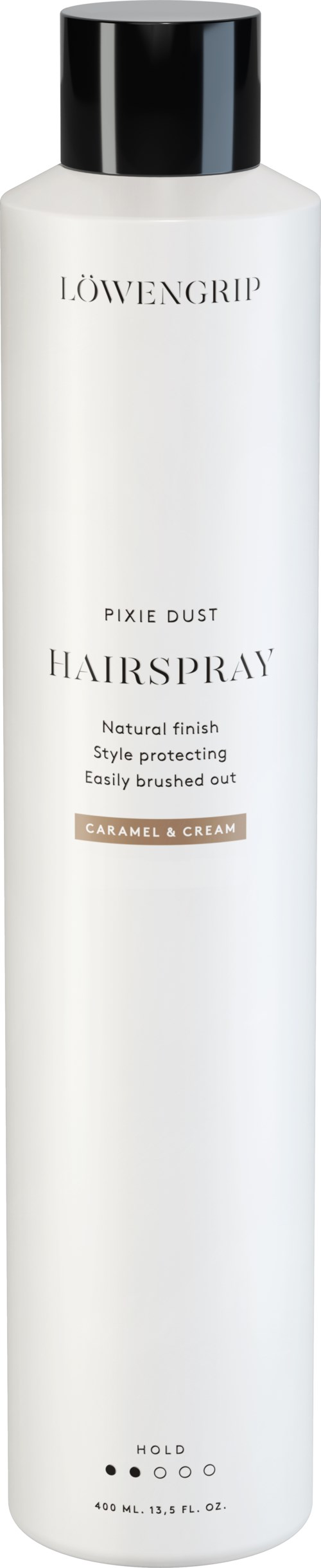 En vit flaska med Löwengrip Hairspray med svart lock, märkt som karamell och grädde med stilskydd.