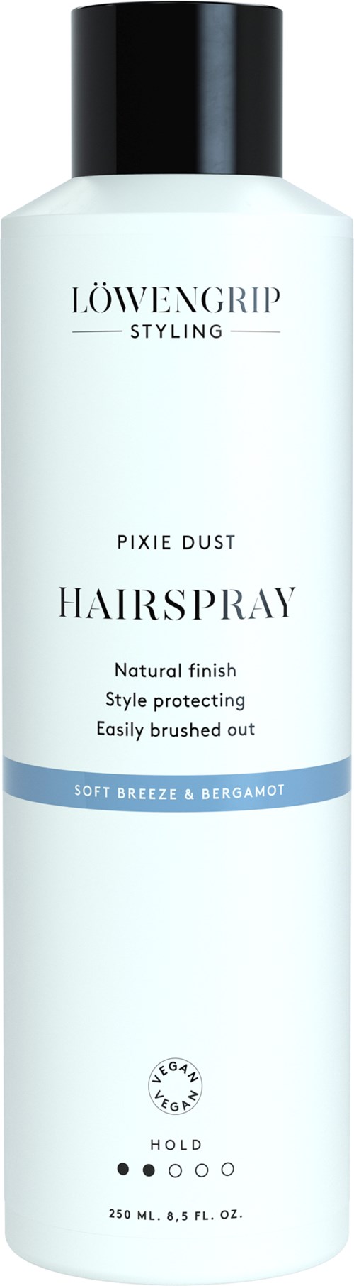 A tall, white can of Löwengrip styling hairspray with a black cap, described as light and protective.