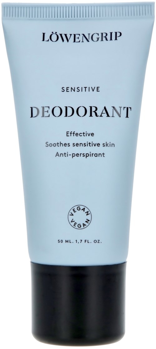 Hellblaue Tube mit LÖWENGRIP Sensitive Deodorant, 50 ml, mit schwarzem Deckel, als vegan gekennzeichnet, wirksam bei empfindlicher Haut.