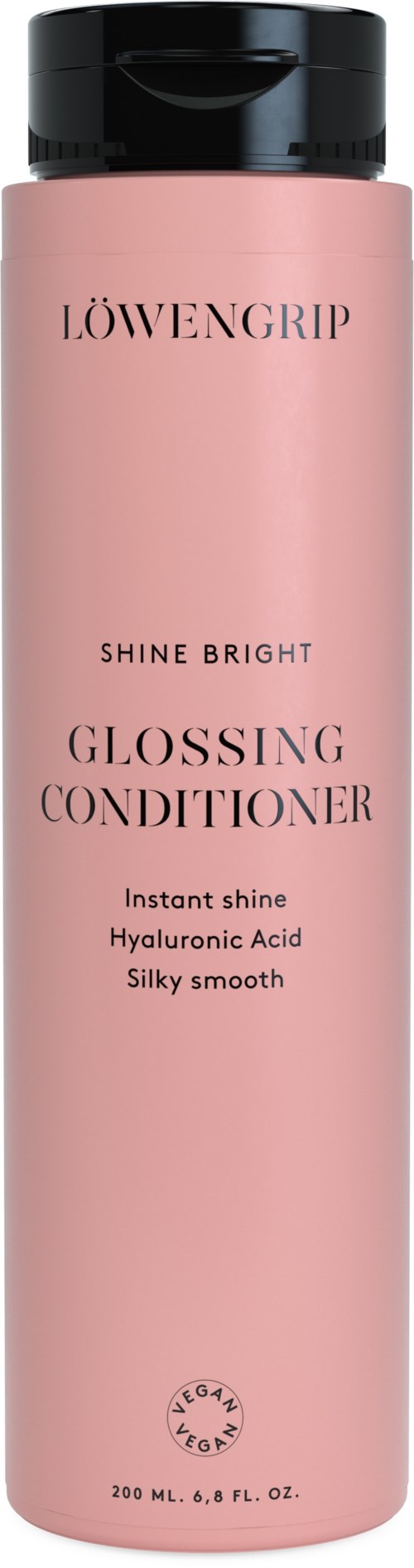 Rosa flaska med svart lock, märkt 'LÖWENGRIP' och 'GLOSSING CONDITIONER', främjar glans, smidighet och hyaluronsyra för håret.