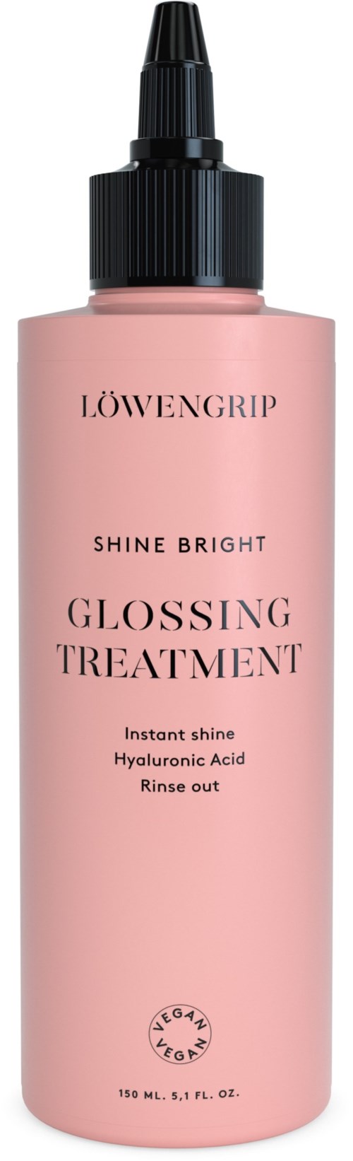 En rosa flaska med svart pip, märkt "Löwengrip Shine Bright Glossing Treatment" för hårvård.